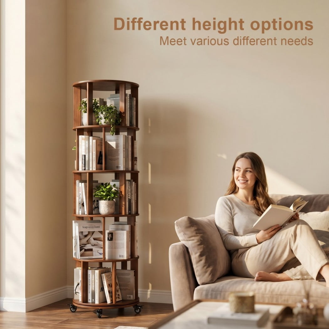 6-Tier Rotating Bookshelf, Solid Wood Spinning Bookcase Tower with Locking Wheels, 360° Display Round Bookshelf for Small Spaces, Walnut