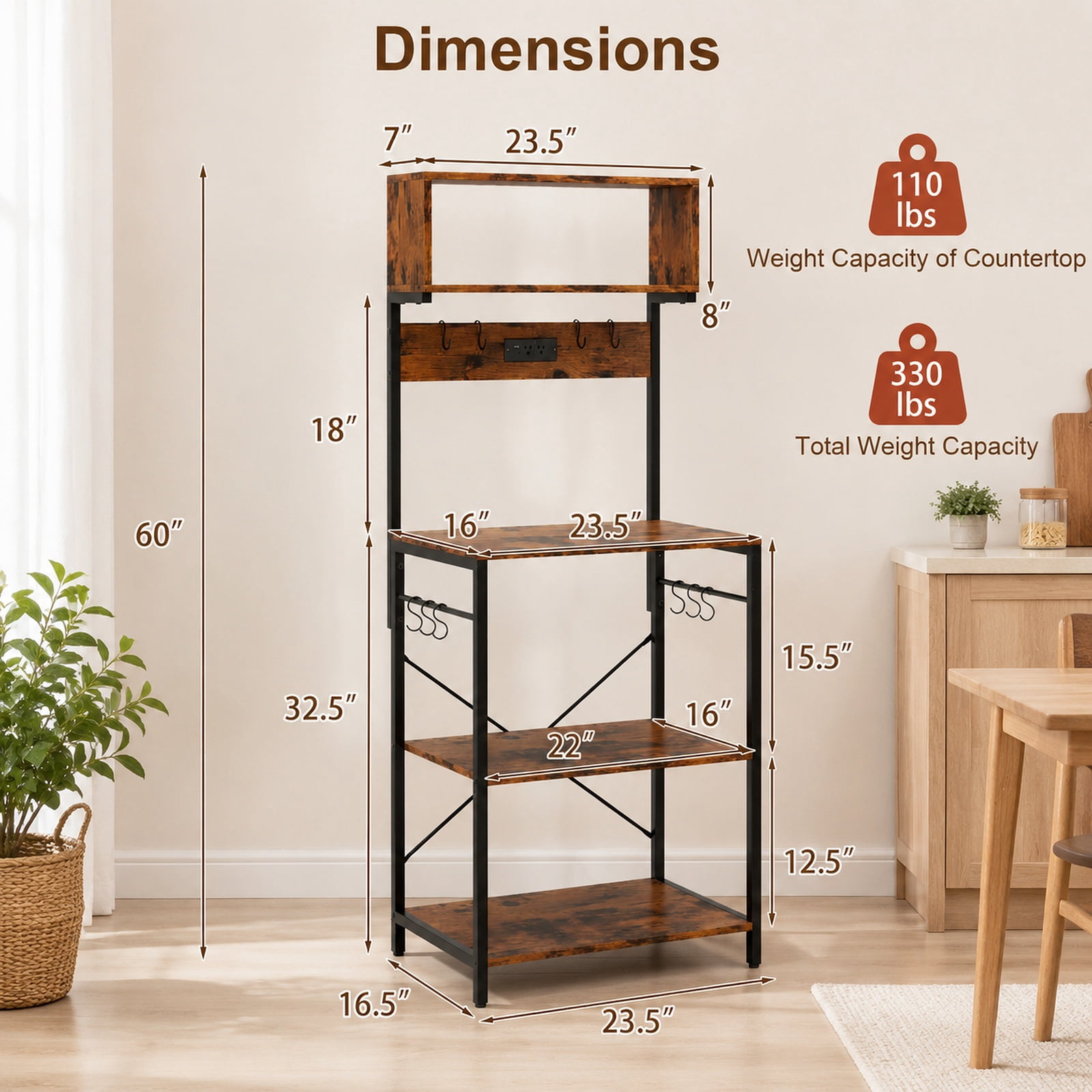 RUIE 60 Inch Tall Microwave Stand with Open Shelves, Kitchen Baker's Rack with Built-in Power Strip and 10 Hanging Hooks, Rustic Brown
