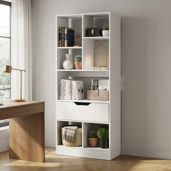 GVN 51inch Tall Freestanding Bookcase 7-Cube Storage Organizer with Drawer Multi-Use Open Shelves for Home Office Study Living Room Books Decor Display, White