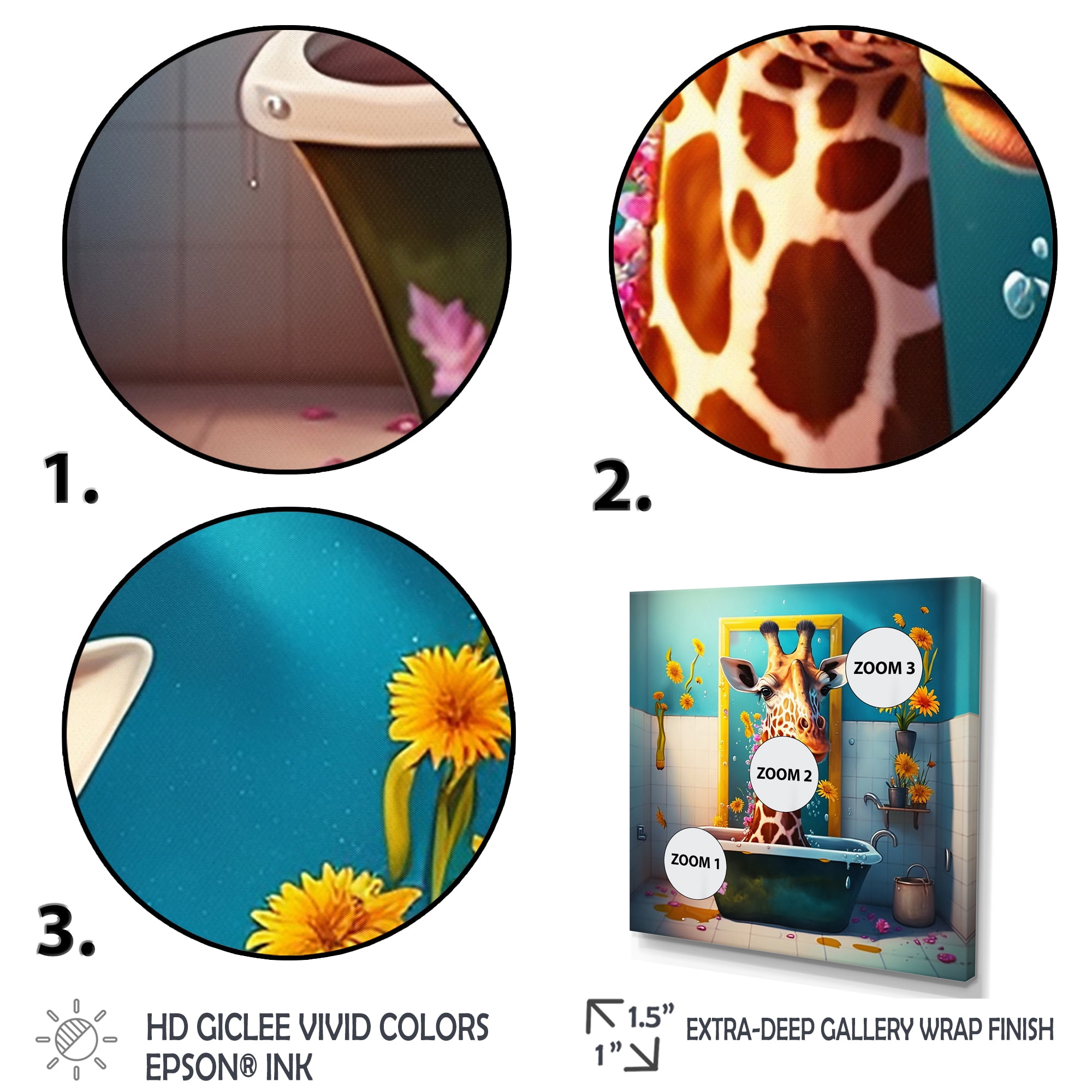 Designart Giraffe Caricature Splashing Around In A Flower Bath I Canvas Wall Art