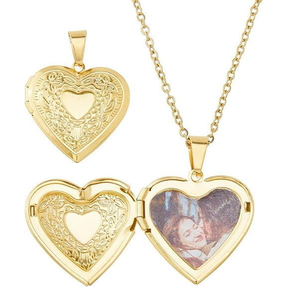 Photo Locket Necklaces Stainless Steel Personalized Necklace Vintage Engraved Flower Picture Necklace for Women Ladies Wife Golden