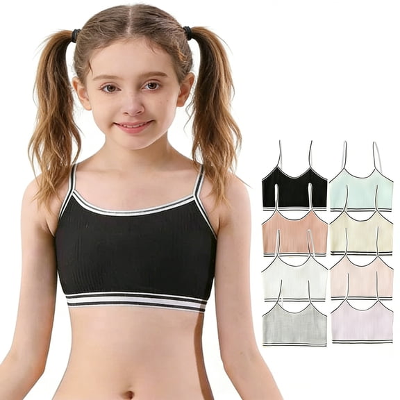 Girls Cotton Stretch Seamless Training Bra, Spaghetti Strap Cami Crop Bralette with Striped Vest, Breathable for Tweens