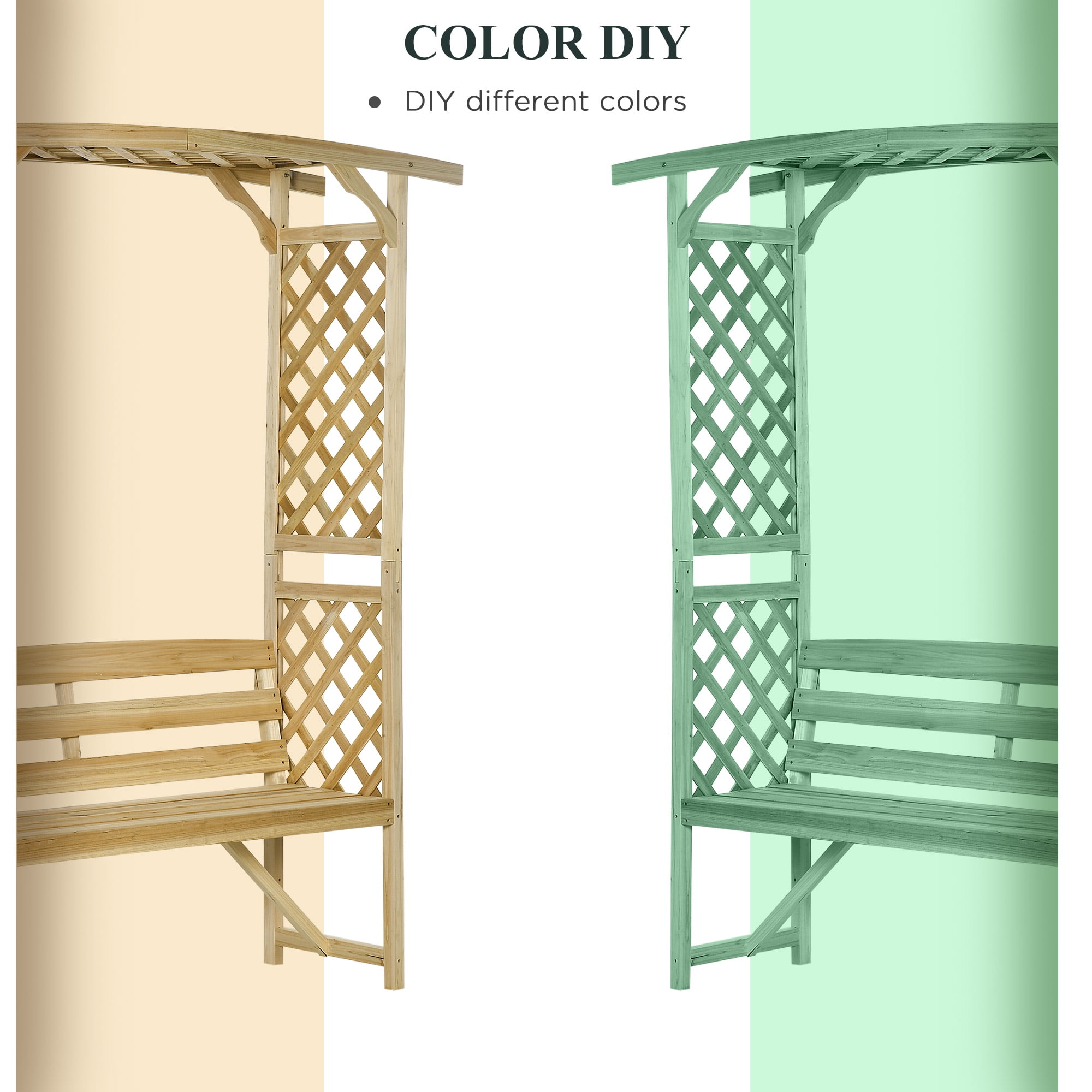 Patio Garden Bench Arbor Arch with Pergola and 2 Trellises, 3 Seat Natural Wooden Outdoor Bench for Grape Vines & Climbing Plants, Backyard Decor, Natural