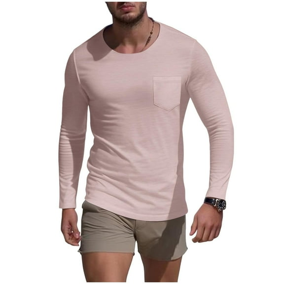 Mens Long Sleeve Tops T-Shirts Slim Fit Crew Neck Workout Casual Base Tees Stretch Soft Muscle Tshirts (XL, Pink|Solid)