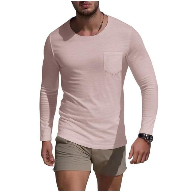 Lovzfmll Haut de Base à Manches Longues Col Rond Décontracté Pocket pour Hommes, Chemise pour Confort Quotidien et Style Rose, TG