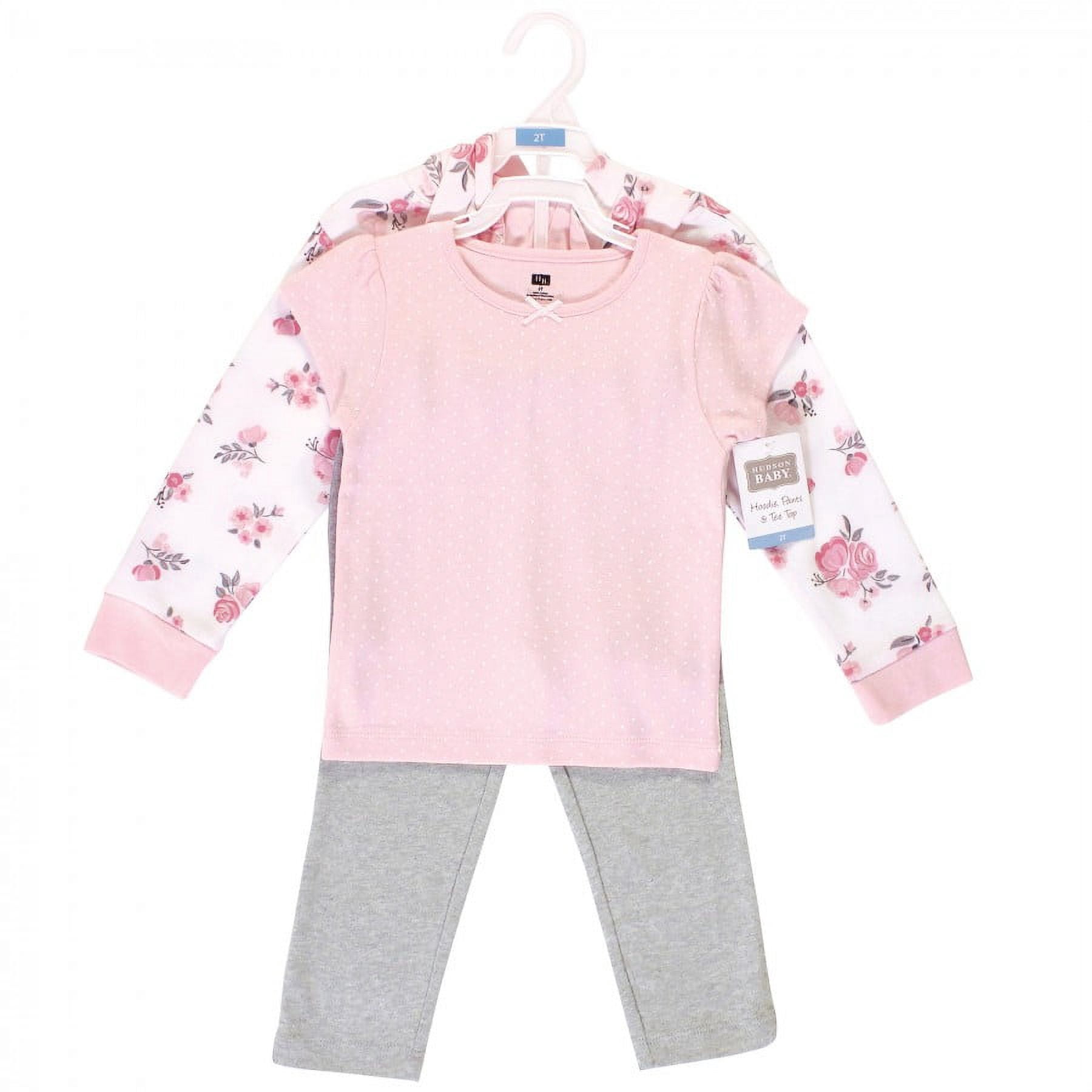 Hudson Baby Infant and Toddler Girl Cotton Hoodie, Bodysuit or Tee Top and Pant Set, Pink Floral Toddler, 2 Toddler