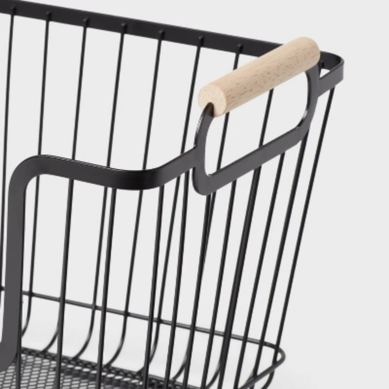 Metal Stackable Wire Pantry Basket with Rubber Wood Handle Black - Kitchen Storage Organizer, 9"x13.5"