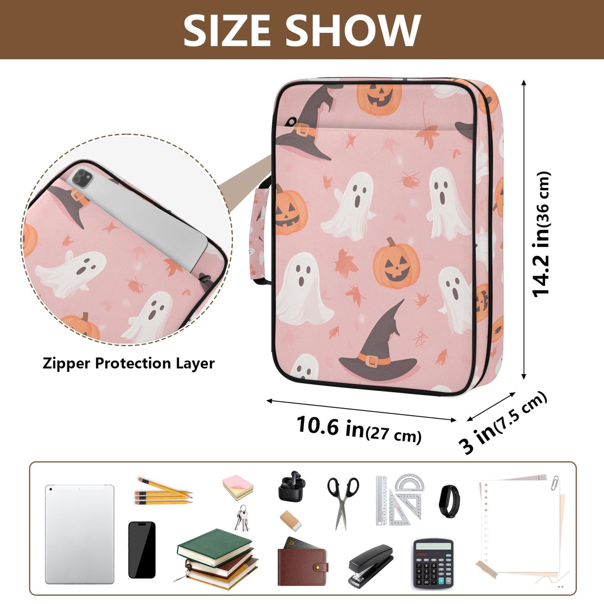 FORMRS Accordion File Folder A4 Size 7-Pocket Expanding Document Organizer Bag with 3 Ring Binder, Cute Pink Halloween