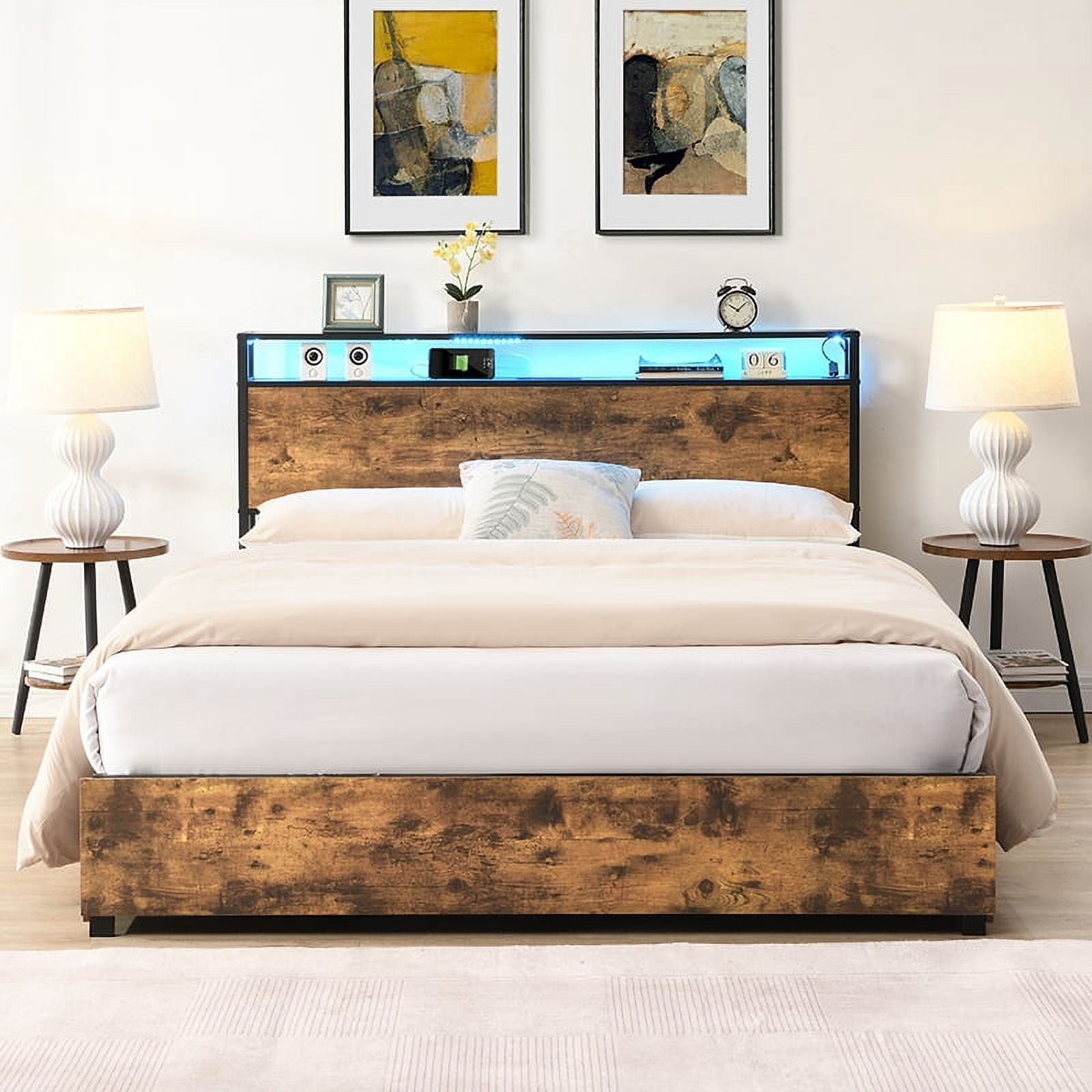 Yoneston LED Light Full Metal Platform Bed Frame with 2-Tier Storage USB Charging Station Headboard and 4 Large Side Drawers for Kids Teens Adults, Brown
