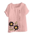 thumbnail image 4 of Cmfcve Women's Graphic Tops Short Sleeve Round Neck Cotton Linen Tee Shirt Breathable Henley Button Blouse, 4 of 5