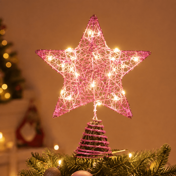 Pink Lighted Christmas Tree Topper, 10 x 7.9 Inch Glitter Metal Star with LED Lights and Spiral Base for Holiday Decor
