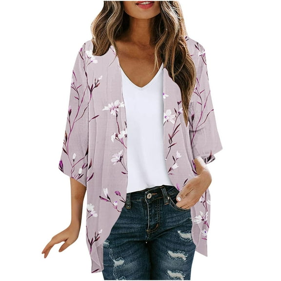 Nmnitkp Cardigan Women Summer Short Sleeve Cardigan Floral Print Puff Sleeve Kimono Cardigan Loose Cover Up Casual Blouse Tops Summer Blouses for Women 2025
