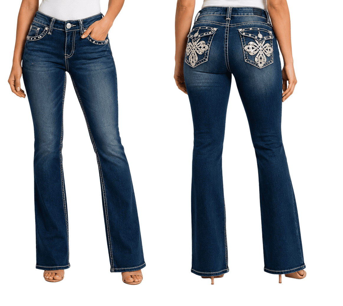 LA Idol Women's Rhinestone Mid Rise Bootcut Jeans, Spandex Cotton