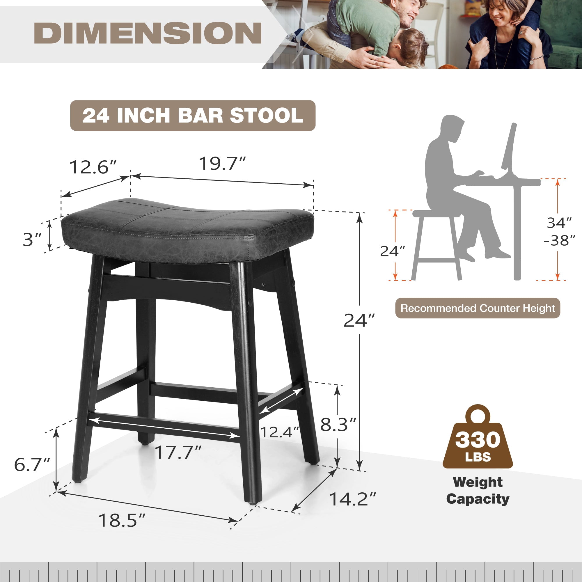 Summit Living 24 inch Wooden Saddle Counter Stool Set of 2 for Kitchen, Faux Leather Backless Bar Stool, Black