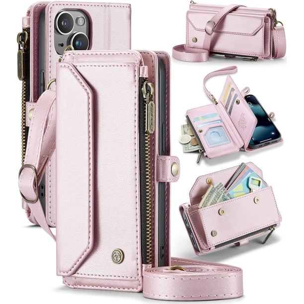 funda para iPhone 13 Mini, Funda para teléfono tipo Billetera Cruzada con Soporte de Bloqueo RFID, Ranuras para Tarjetas de Carga Inalámbrica Anticaídas, Bandolera de Cuero PU