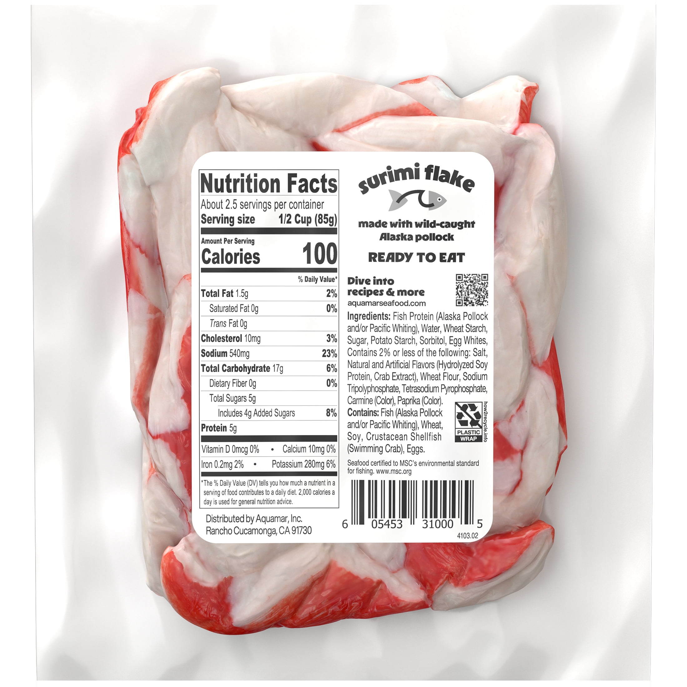 Aquamar Surimi, Flake Style Fresh Imitation Crab, 1- 8 oz Medium Plastic Bag. Contains 5g of Protein per serving.