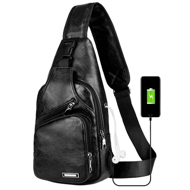 Mochila bandolera de piel para hombre con puerto USB