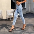 thumbnail image 2 of Women High Waist Medium Stretch Light Wash Blue Skinny Ankle Jeans, Textured Embossed Slim Fit Denim Pants, 2 of 7