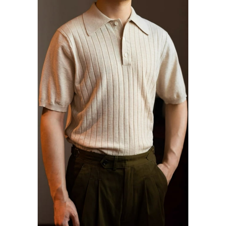 Men's Striped Knit Polo Shirt Semi-business Style Summer Men's Striped Knit Polo Shirt Semi-business Style Summer