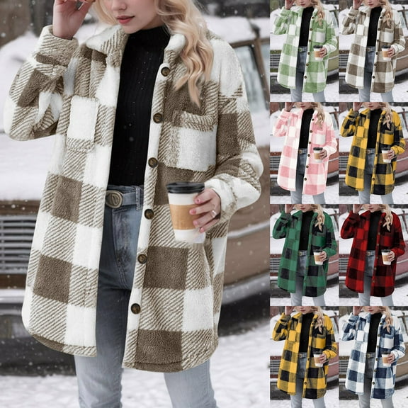 CFLVAEK Fuzzy Jackets Women Trendy Plaid Print Shacket Thermal Fall Winter Lapel Button Down Coat Casual Long Sleeve Outwear with Pockets Red XXL