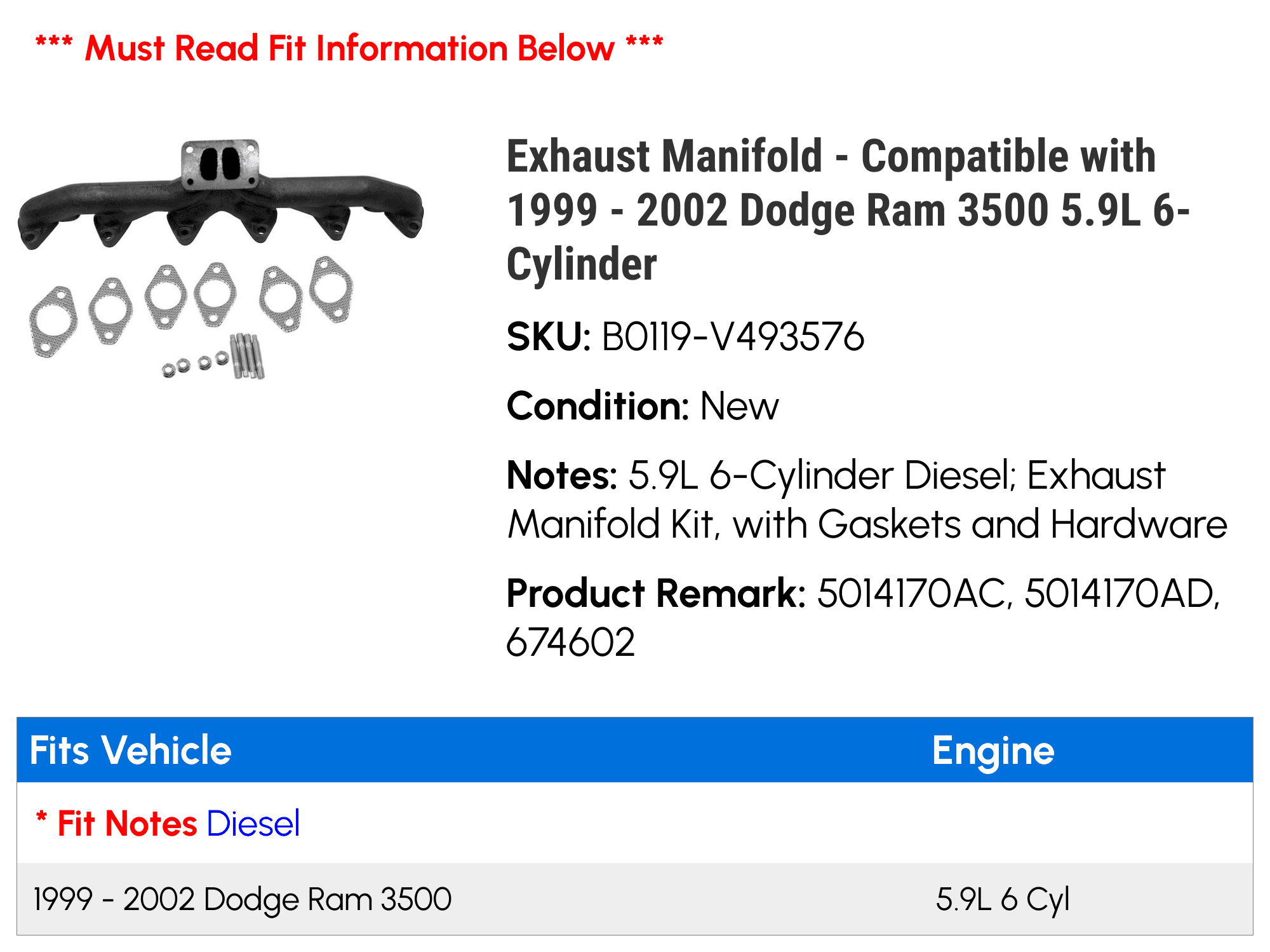 Exhaust Manifold - Compatible with 1999 - 2002 Dodge Ram 3500 5.9L 6-Cylinder - Replacement