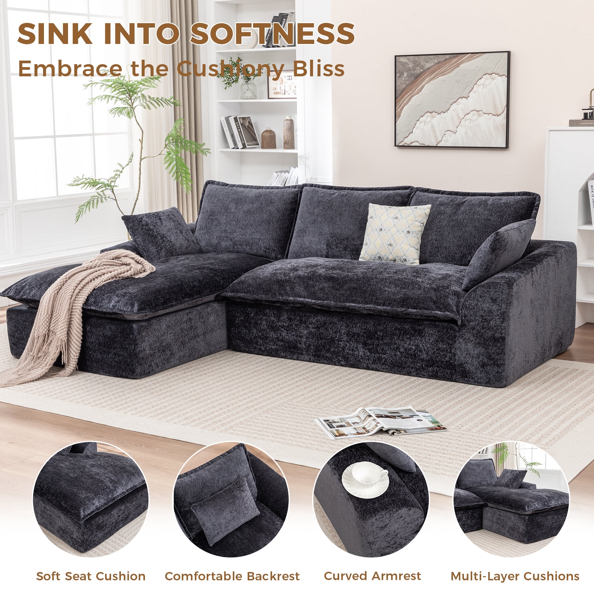 LEHZROAJ 103" Chenille Compressed Sofa,L Shaped Sectional Couch Pillows No Assembly Required for Living Room(Black,Left)