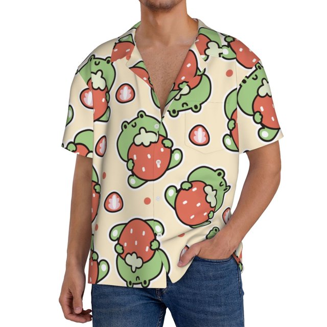 Fotbe Frog Hold Strawberry Camisa Estampada de Manga Corta para Hombre, Casual de Verano, Estilo Playero, Sin Arrugas-Large