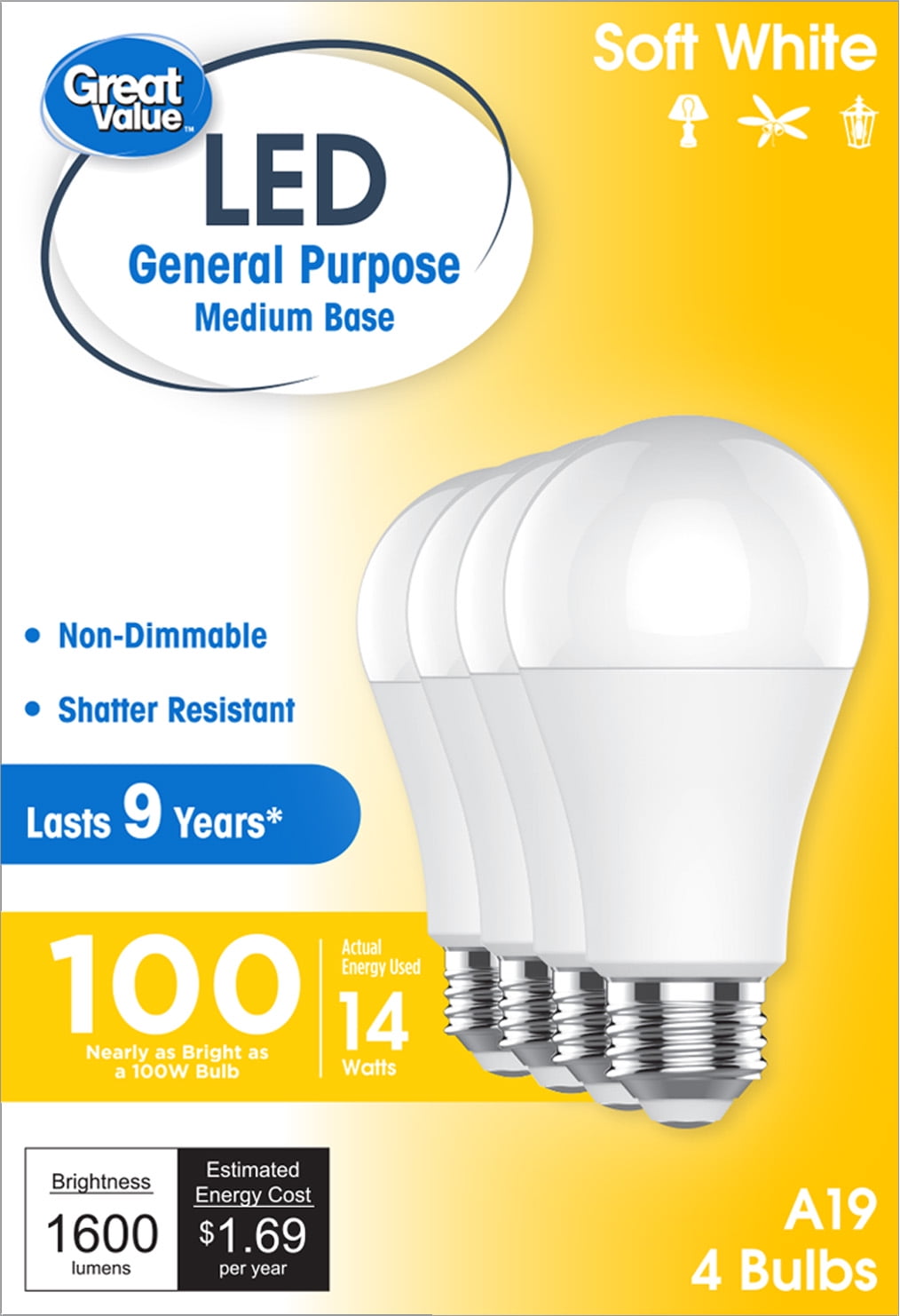 Great Value LED Light Bulbs, 100 Watt Equivalent, Soft White, A19 General Purpose, 9 Year, 4 Pack