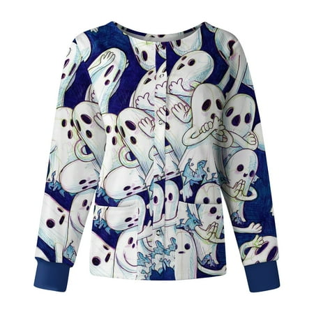 

QAZXD Womens Casual Tops Floral Round Neck Long Sleeve Scrub Tops with Two Pockets Pullover Blue M