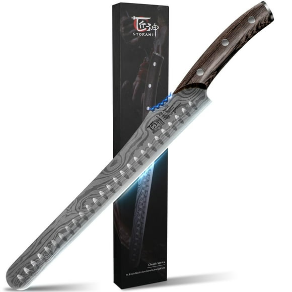 SYOKAMI Multifunction Carving Knife, 12 Inch High-Carbon Japanese Style Brisket Knife with Wood Handle, Damascus Pattern Full Tang Design, Razor Sharp Slicing Knife for M