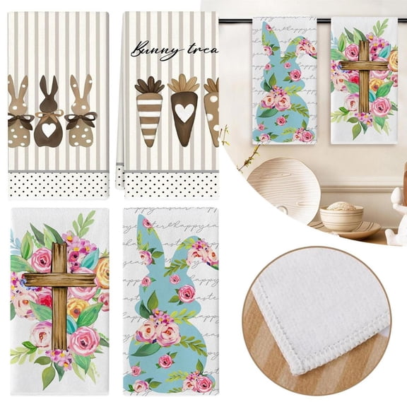 CoreLiving Easter Kitchen Dish Towels Set of 2, Bunny Rabbit Farmhouse Plaid Design with Eucalyptus Leaves for Spring Home Decor, 16x24 Inch