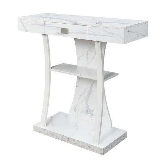 Pemberly Row Farmhouse One-Drawer Console Table in White Faux Marble Wood