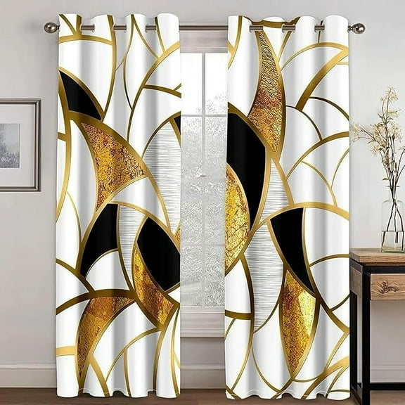 Gold Black Curtains, Blackout Curtains For Bedroom Living Room, Abstract Geometry Grommet Curtain, Window Drapes 53"W x 84"L (Pack of 2)