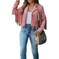 thumbnail image 2 of utcoco Women's Short Fringe Leather Jacket Moto Biker Open Front Tassel Coat, 2 of 4