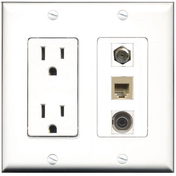 RiteAV - 15 Amp Power Outlet 1 Port Coax 1 Port Phone Beige 1 Port 3.5mm Decorative Wall Plate