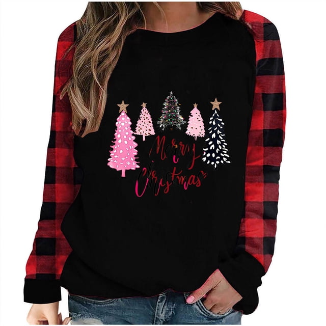 Liquidation Staron Chandail de Noël pour Femmes Ample Décontracté T-Shirts Graphiques Hauts à Carreaux Léopard Imprimé Arbre T-Shirt Hauts de Baseball Rayé Raglan Manches Longues Col Rond Chemisiers Rouge G