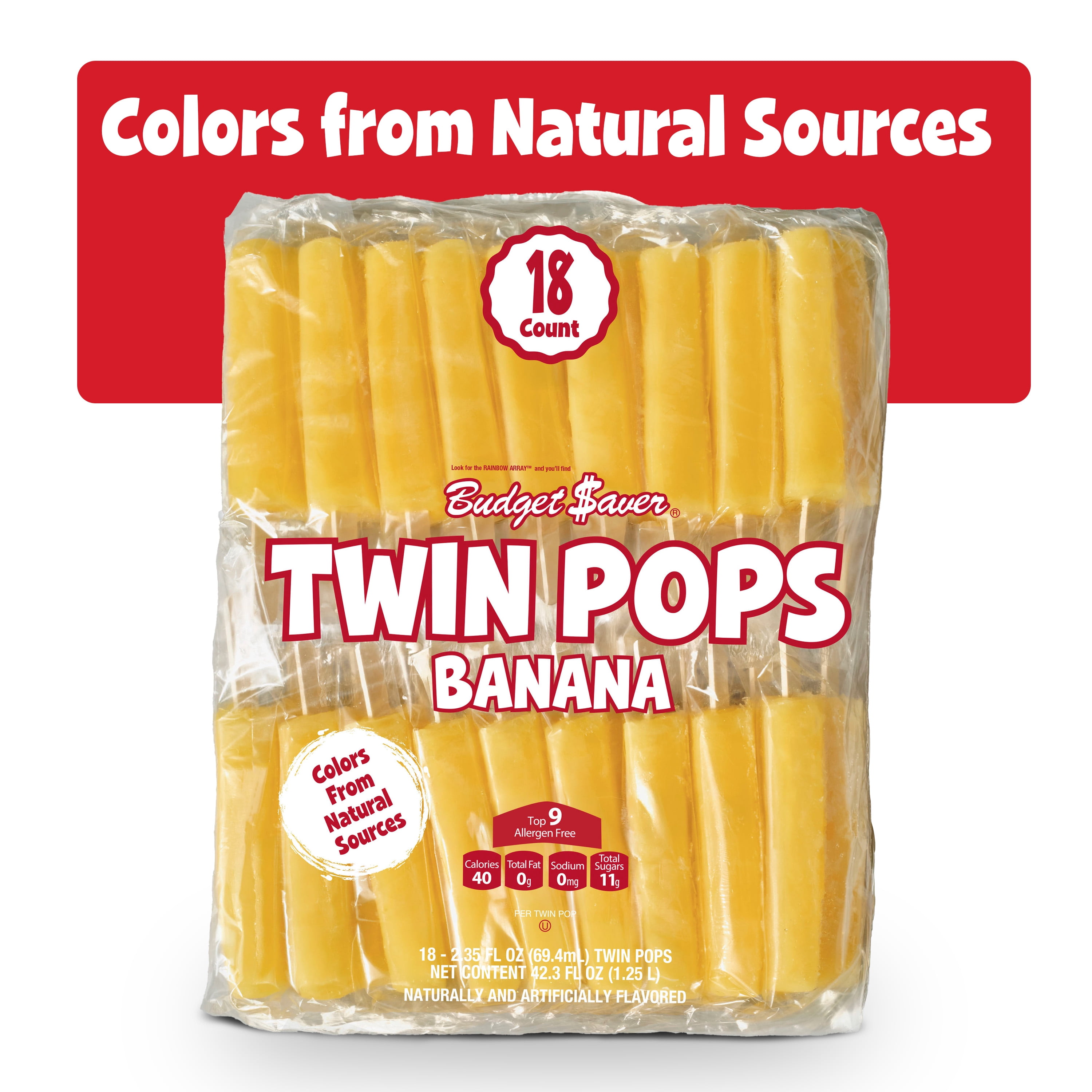 Budget Saver Twin Pops, Banana, 18 Count, Frozen Popsicles with Natural Colors