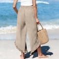 thumbnail image 4 of ZHYou No Boundarie Linen Pants for Women Flared Wide Leg Ruffle Summer Casual Lightweight Smocked High Waist Baggy Pull On Trousers Khaki Size XL, 4 of 5