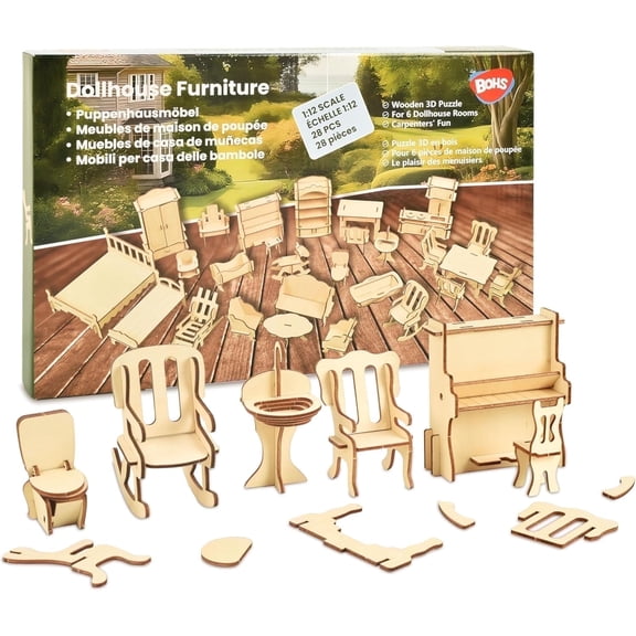 BOHS Wooden Dolls House Furniture 1/12 Scale - 3D Puzzles for Miniature Dollhouse Furniture Accessories - Large,28 PCS