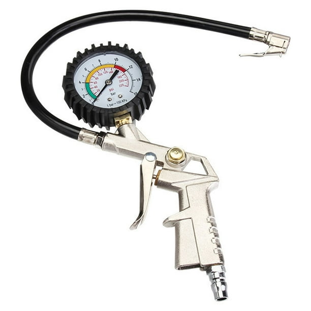 Inflador de neumáticos para coche, motocicleta y bicicleta, manómetro portátil de aluminio con esfera blanca y manguera flexible para una medición precisa, pistola de gatillo multifuncional con