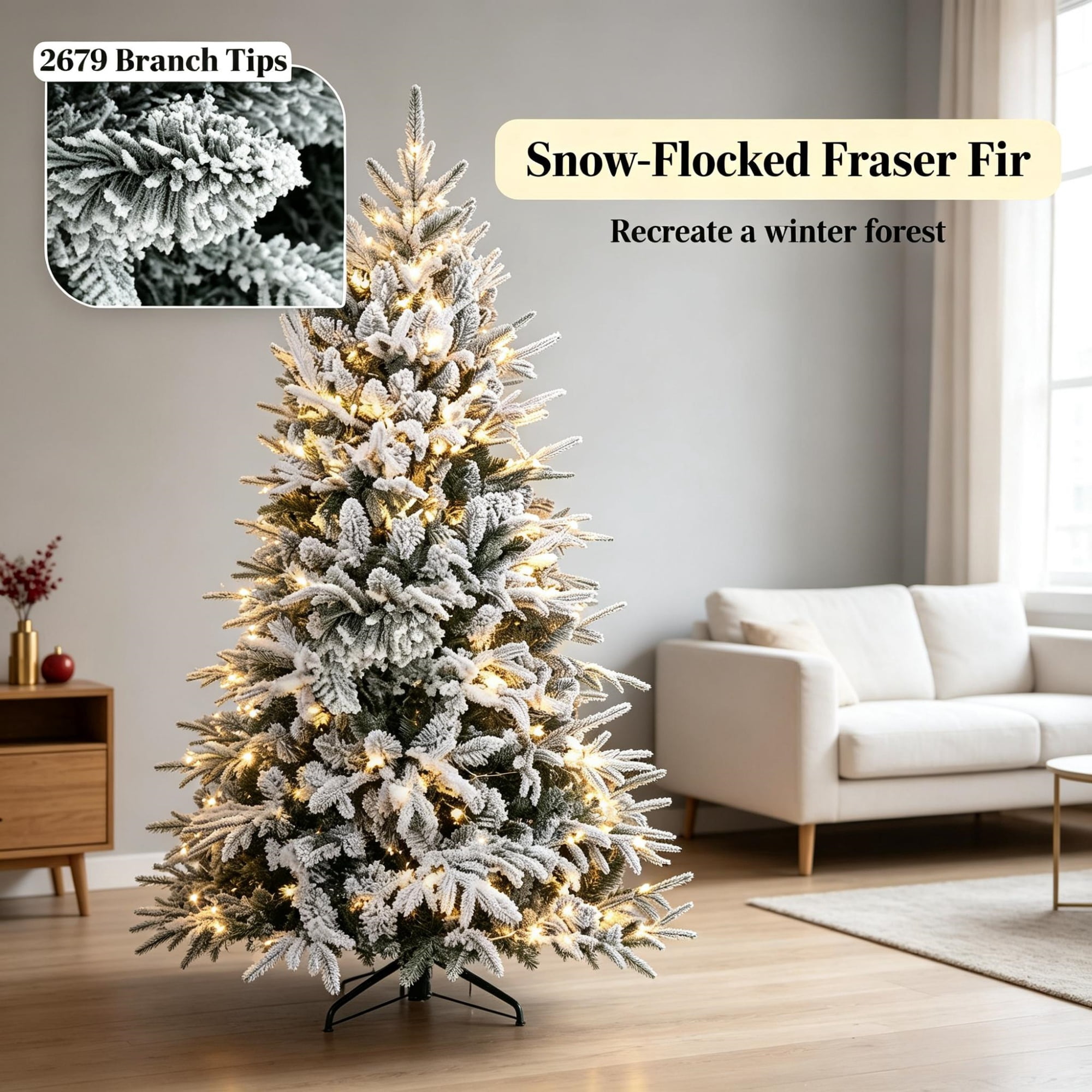 7 ft Pre-Lit Flocked Christmas Tree with 350 Warm White LED Lights, 2679 Tips, Hinged Design, 53.1 in Diameter, Indoor Holiday Decoration
