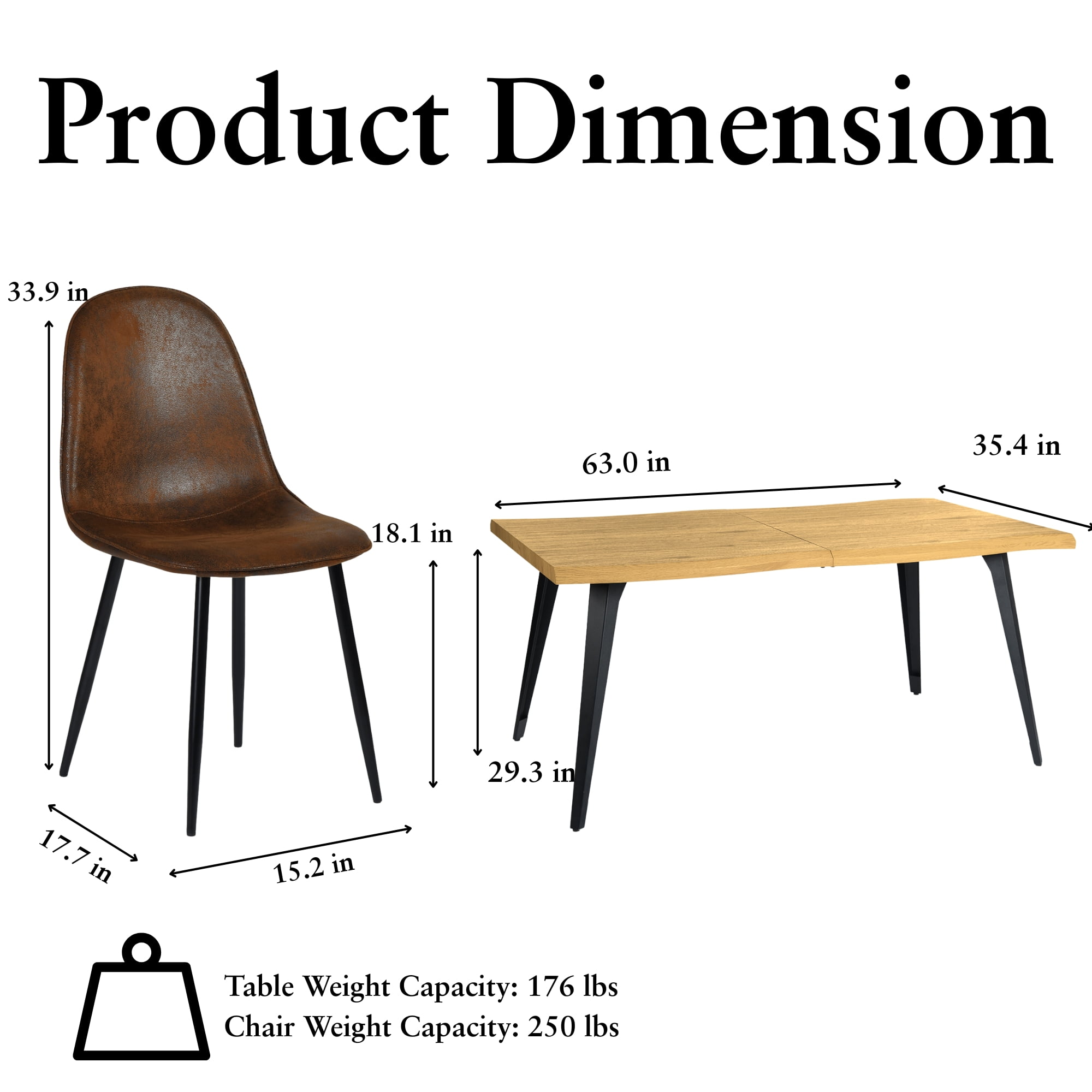 Homy Casa Modern Industrial 5-Piece Dining Set for 4, Faux Wooden Natural Live Edge Table with 4 Armless Chairs, Brown Fuax Suede