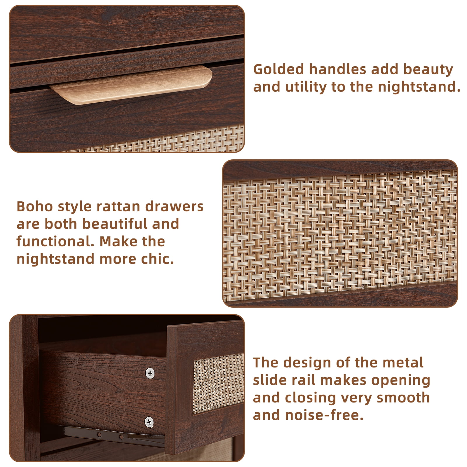 2 Pcs Leyaoyao 3-Drawer Storage Nightstand with Charging Station, 31.5" Wide Rattan Bedside Table, Boho Storage Cabinet with Shelf for Bedroom, Living Room, Walnut