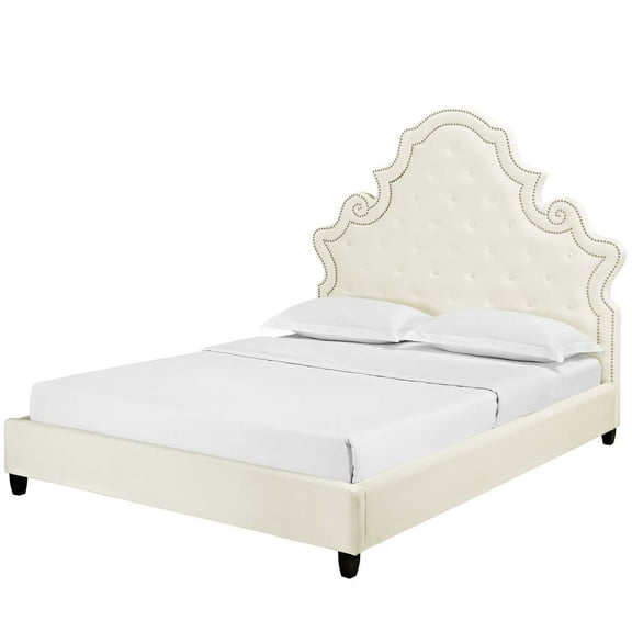 Mod Uptown Classic Wood Tufted Platform Bed, Queen, Ivory White/Black