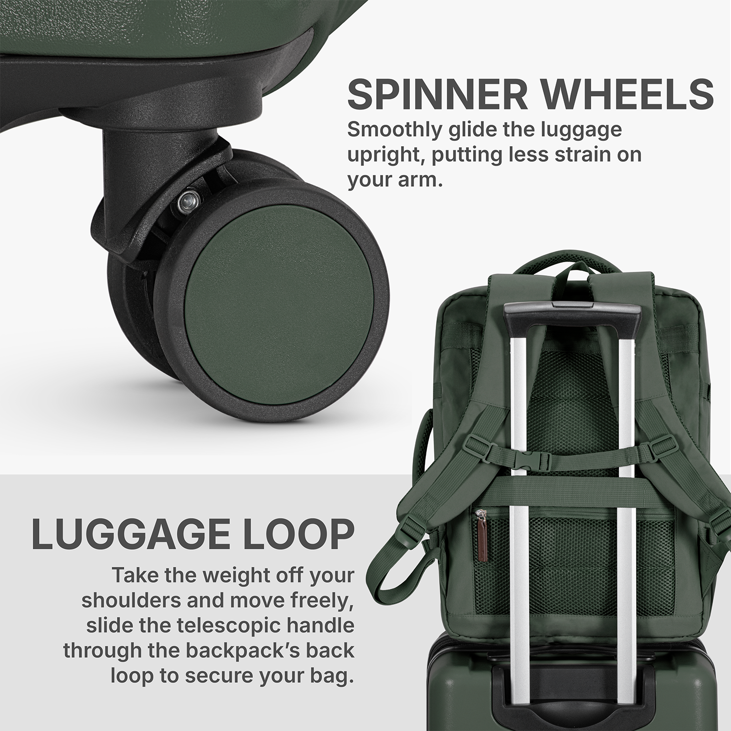 U.S. Traveler 3-Piece Luggage Set with Backpack, 21-Inch Carry-on Hardside Expandable with Spinner Wheels, TSA Lock, 18-Inch Travel Backpack with Laptop Sleeve, 3-Piece Travel Set, Green