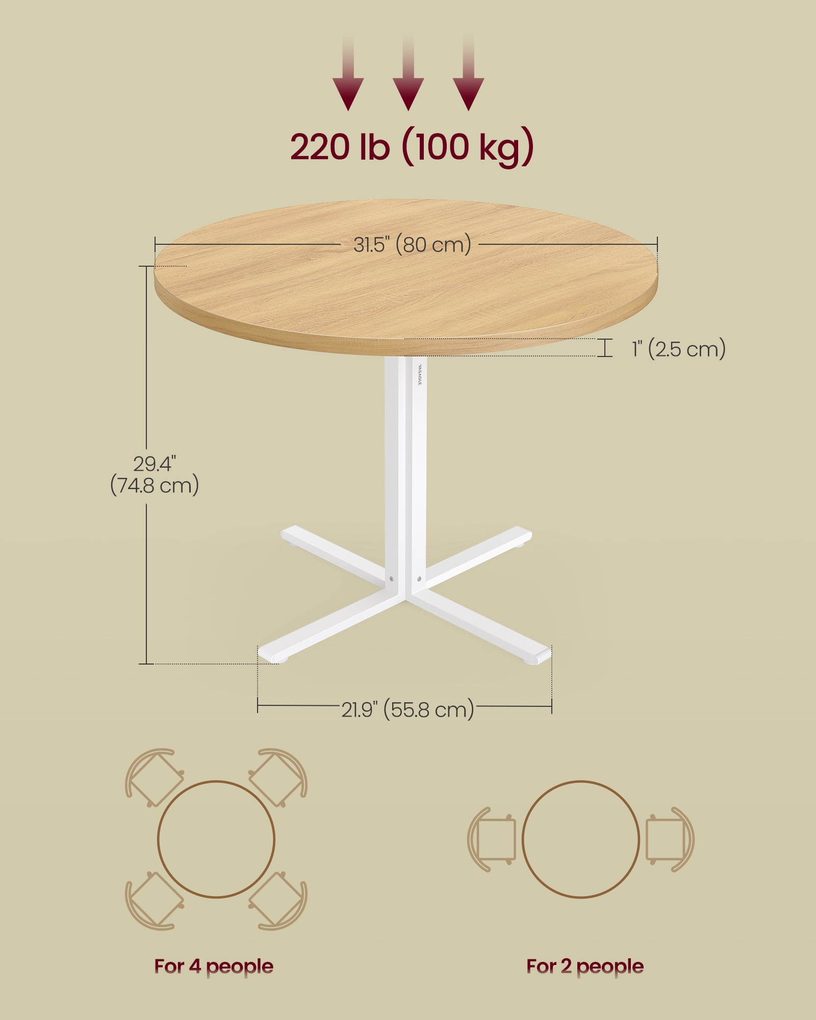 Round Dining Table for 4, 31.5 Inch Kitchen Table with Water-Resistant Top & C-Shaped Steel Frame, 220 lb Capacity, for Small Space Living Room Dining Room, Oka Beige