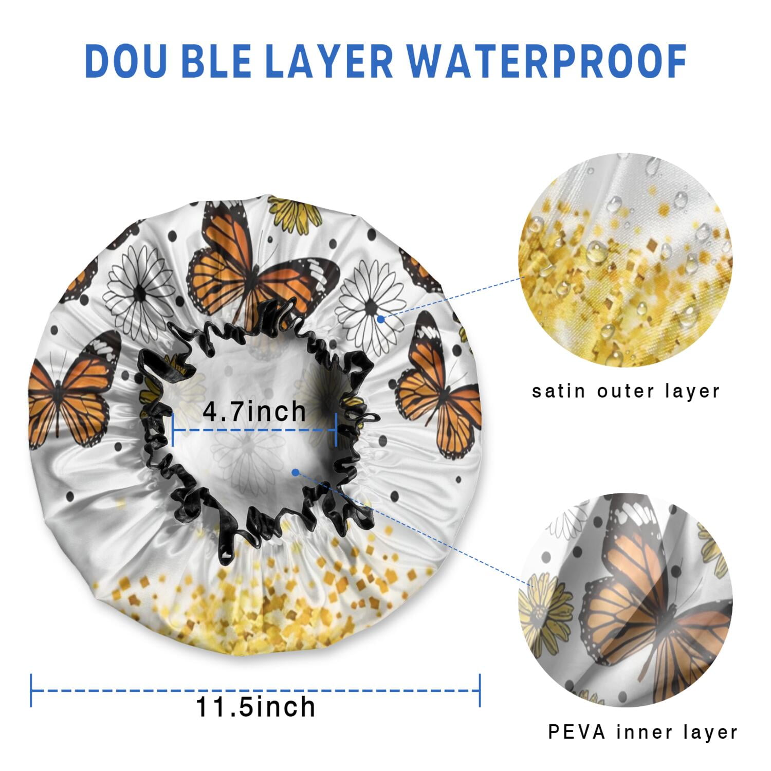 Shower Caps,White Butterfly Flower Dot Pattern Waterproof Shower Cap for Women 4 Pieces,Double Reusable Hair Cover for Shower PEVA Elastic Stretch Hem