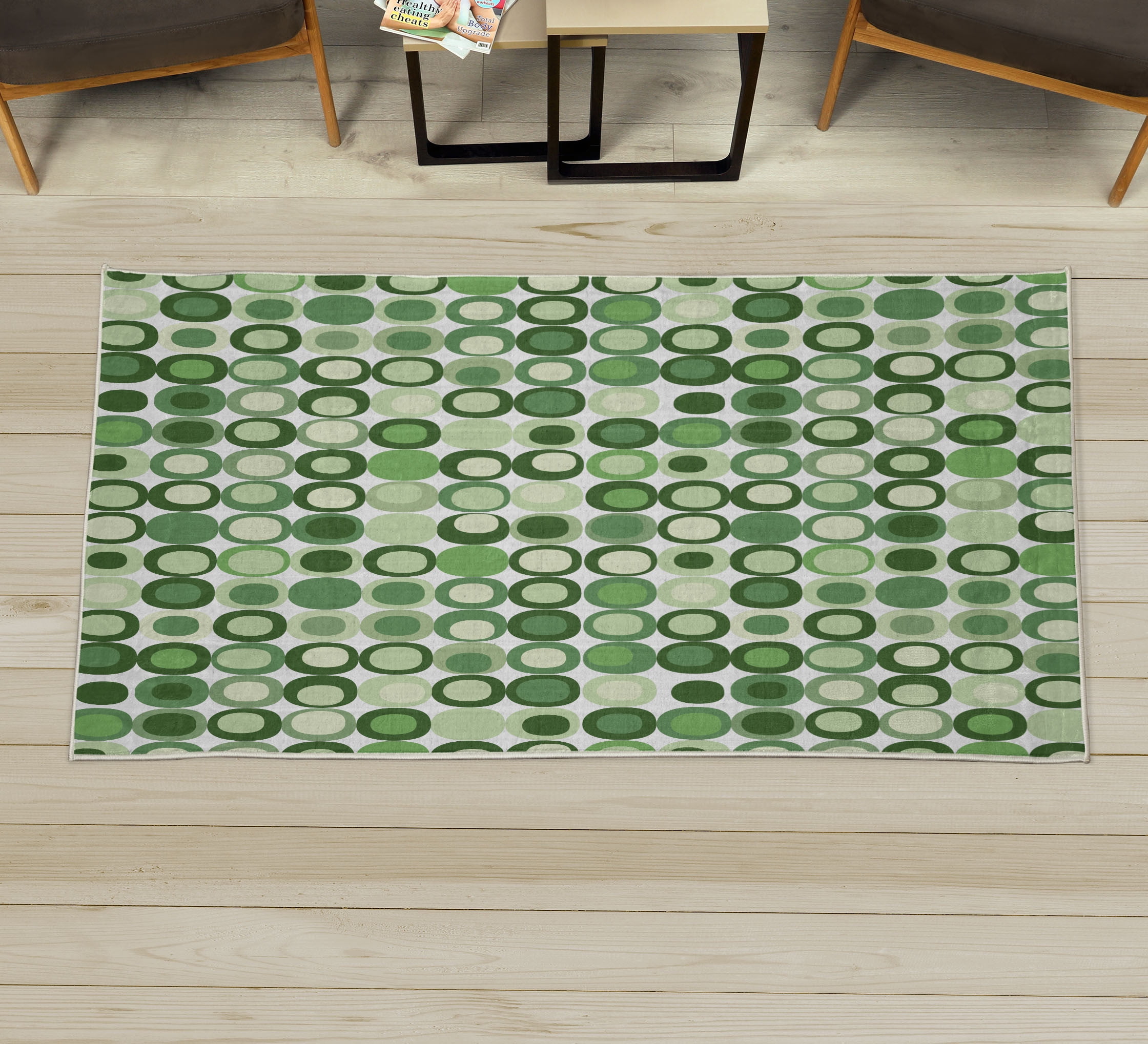 Mid Century Decorative Rug, RetroThemed Styled Round Edged Mosaic