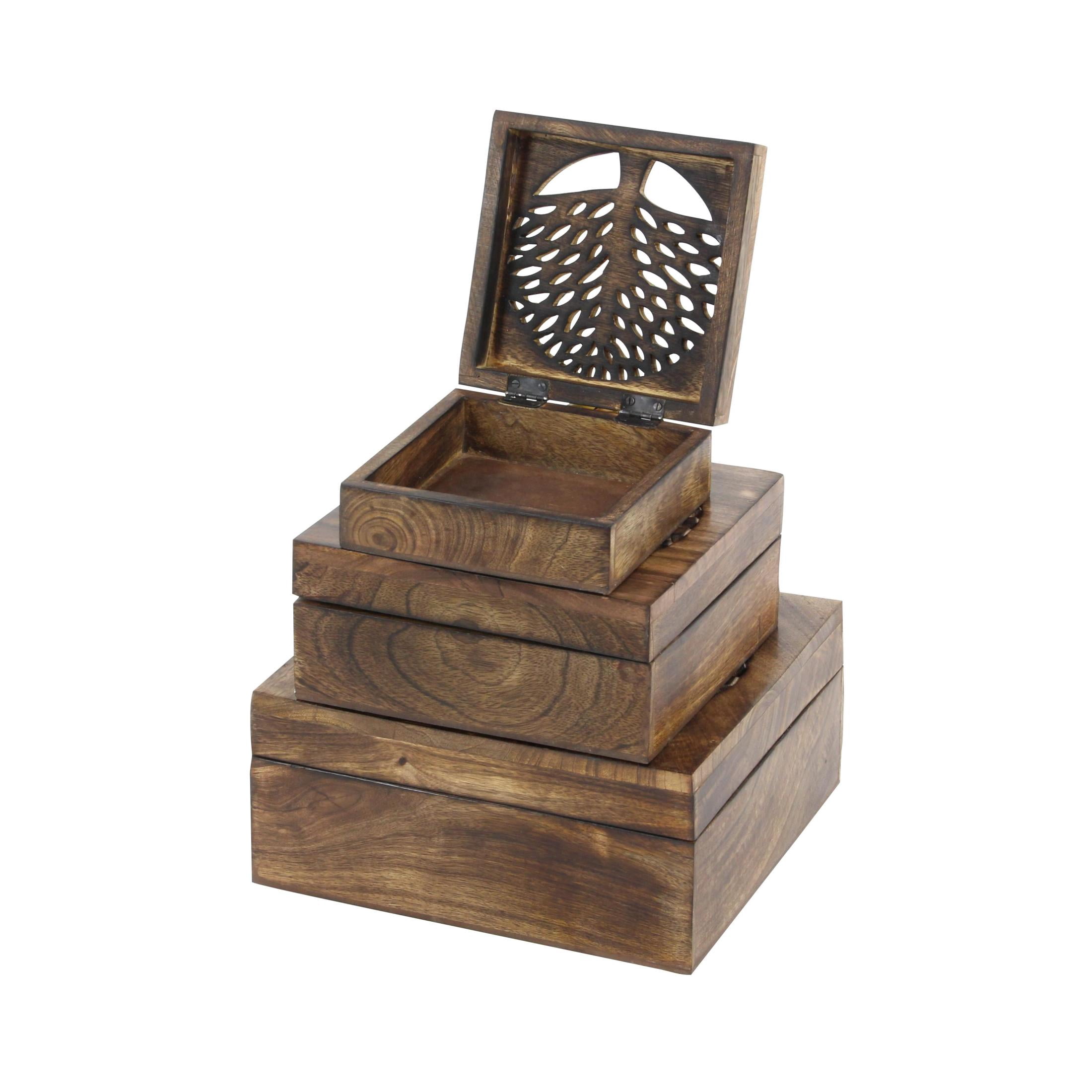 DecMode Tree Handmade Brown Wood Decorative Box with Hinged Lid, 3 Count