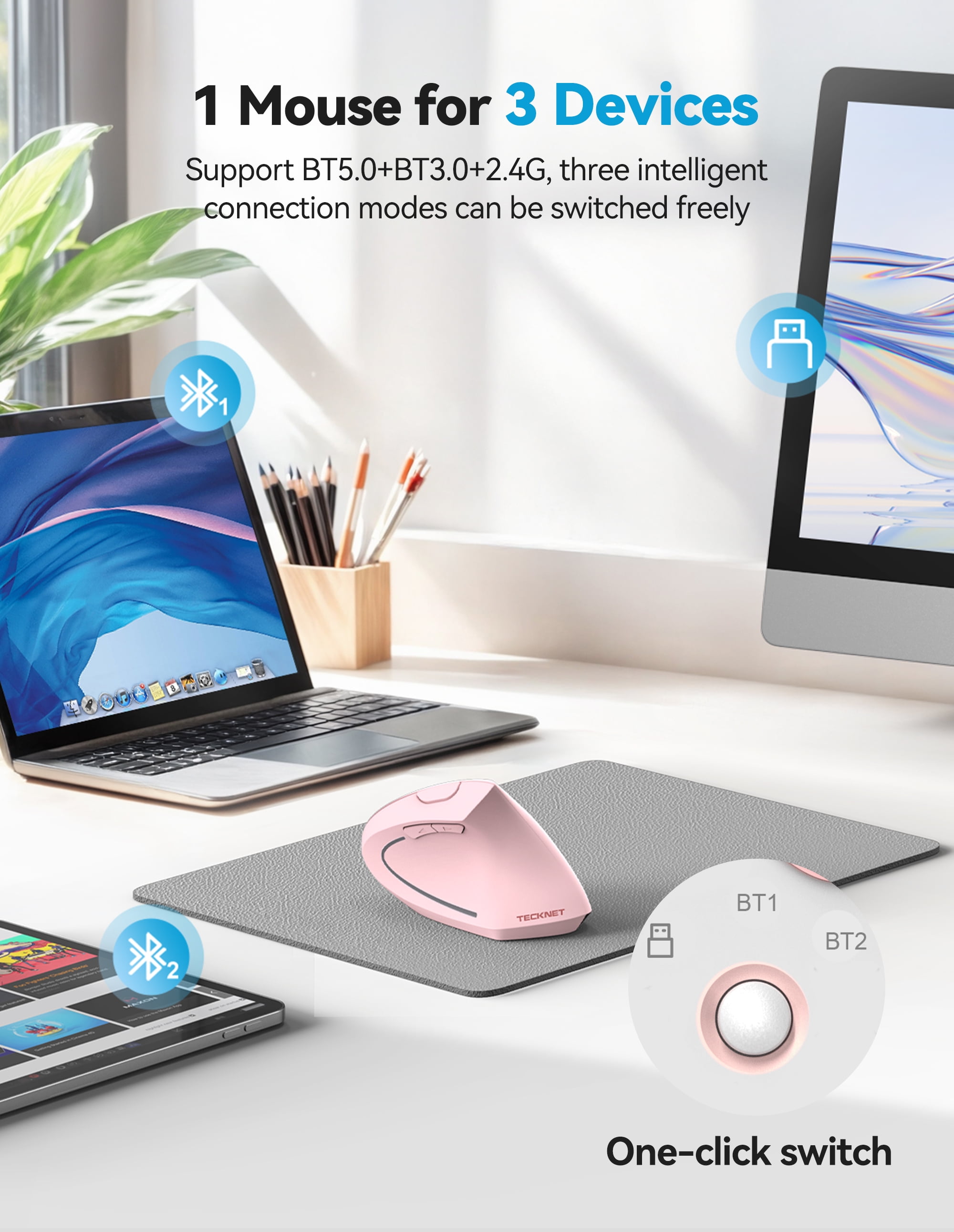 TECKNET Ergonomic Mouse, Rechargeable 2.4G+Bluetooth Vertical Mice 6 DPI Adjustable, Wireless Optical Carpal Tunnel Mouse Right Hand, Multi Device for Laptop, PC, Computer, MacBook, iPad - Pink